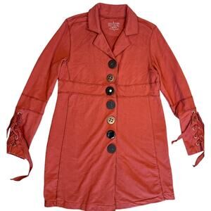 Neon Buddha Jacket Womens M Rust Coral Button Front Lace Up Cuffs Tunic Top Art